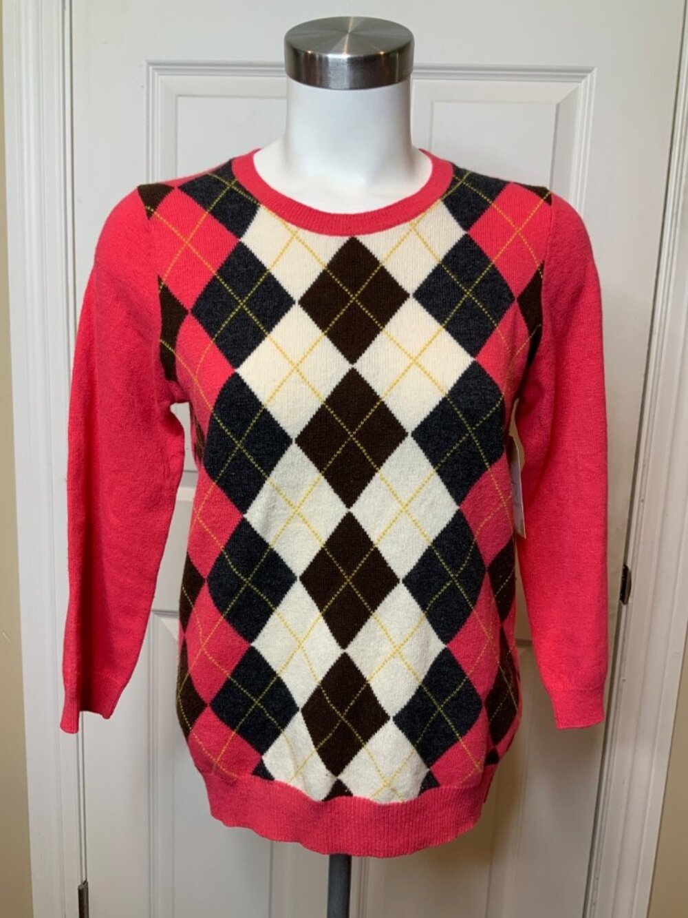 J Crew Pink Argyle Wool Thin Knit Crew Neck Sweater, Size M